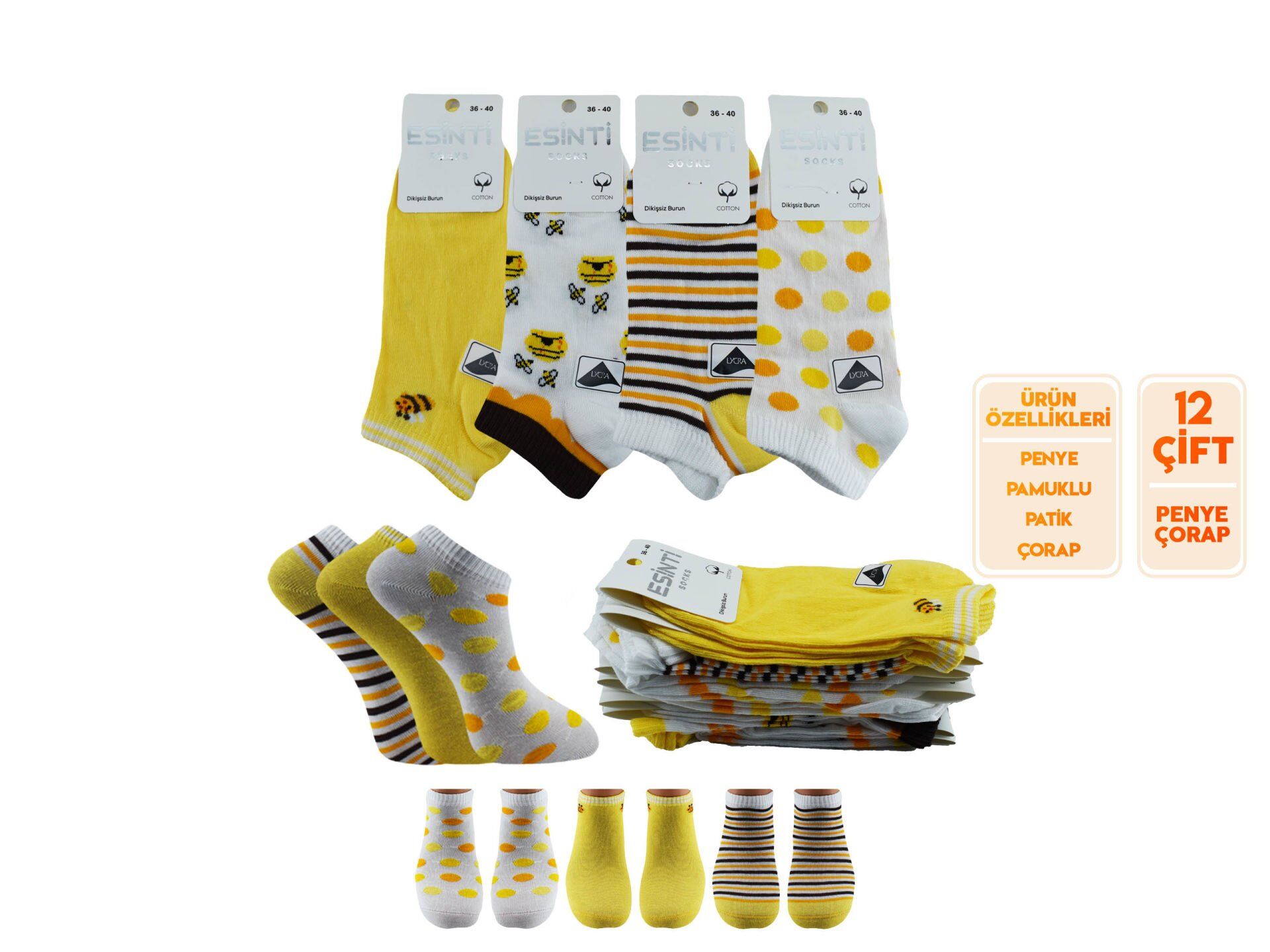 Esinti 30-17 Naturel Pamuk Dikişsiz Bayan Patik 12'li