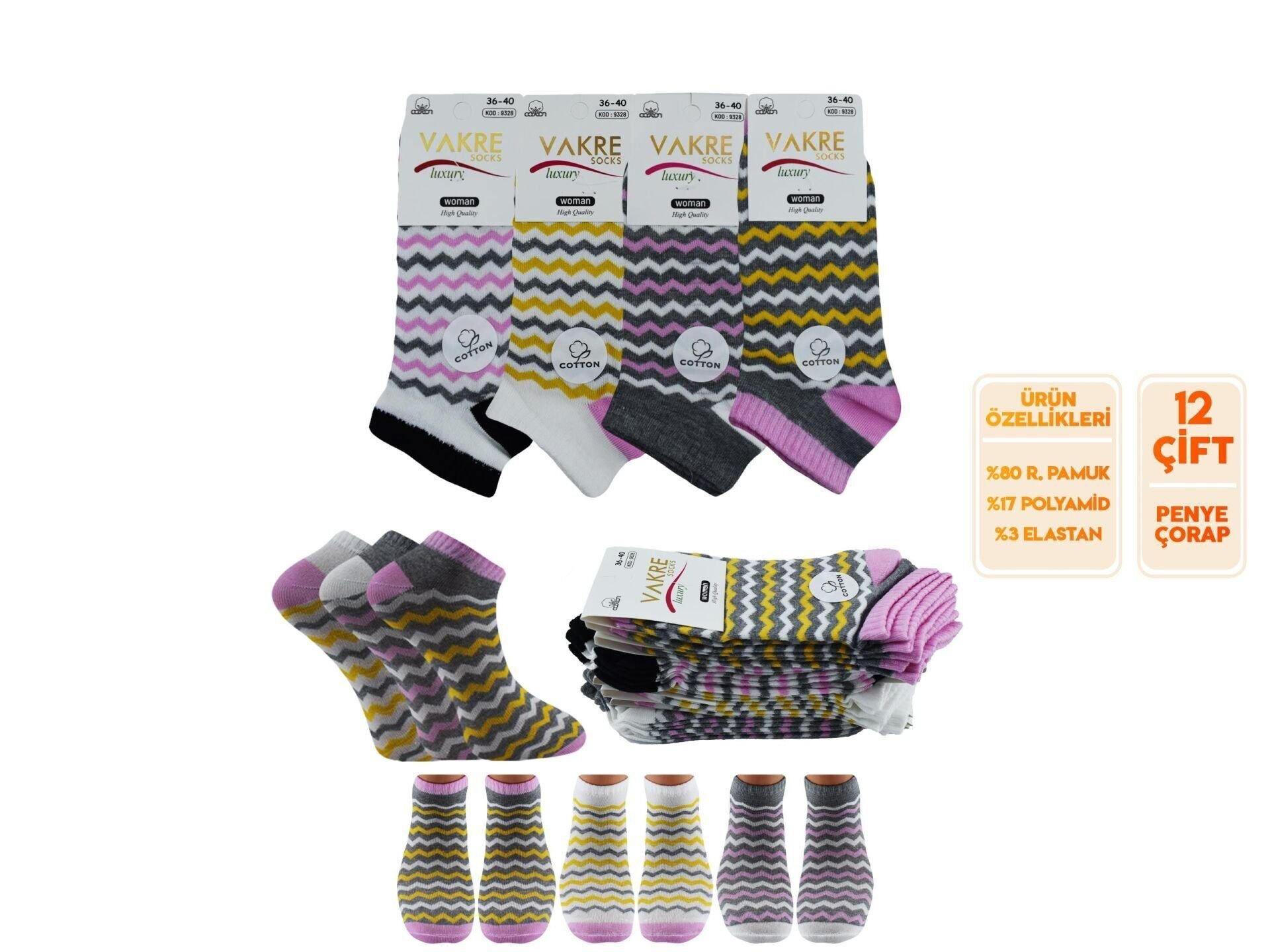 Vakre 9328-10 Bayan Penye Patik Çorap 12'li