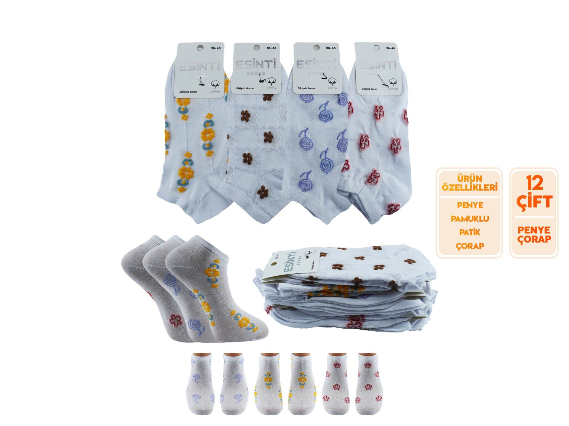 Esinti 30-15 Naturel Pamuk Dikişsiz Bayan Patik 12'li