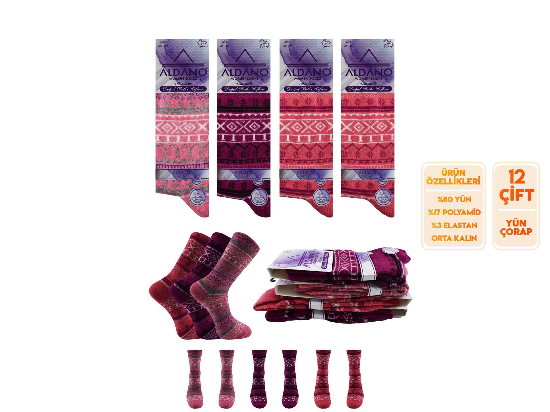 Aldano 04-5 Lambswool Yün Kışlık Bayan Soket 12'li