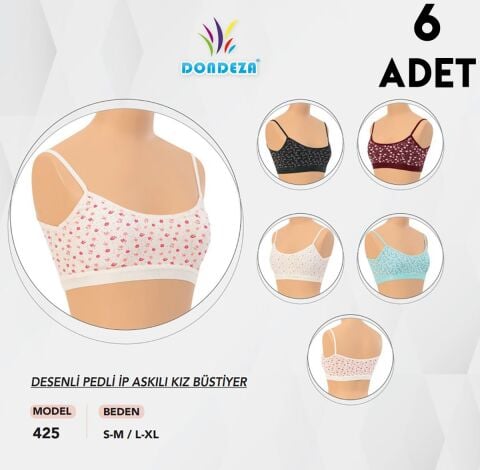 Dondeza 425 Desenli İp Askılı Pedli Kız Çocuk Bustiyer 6'lı