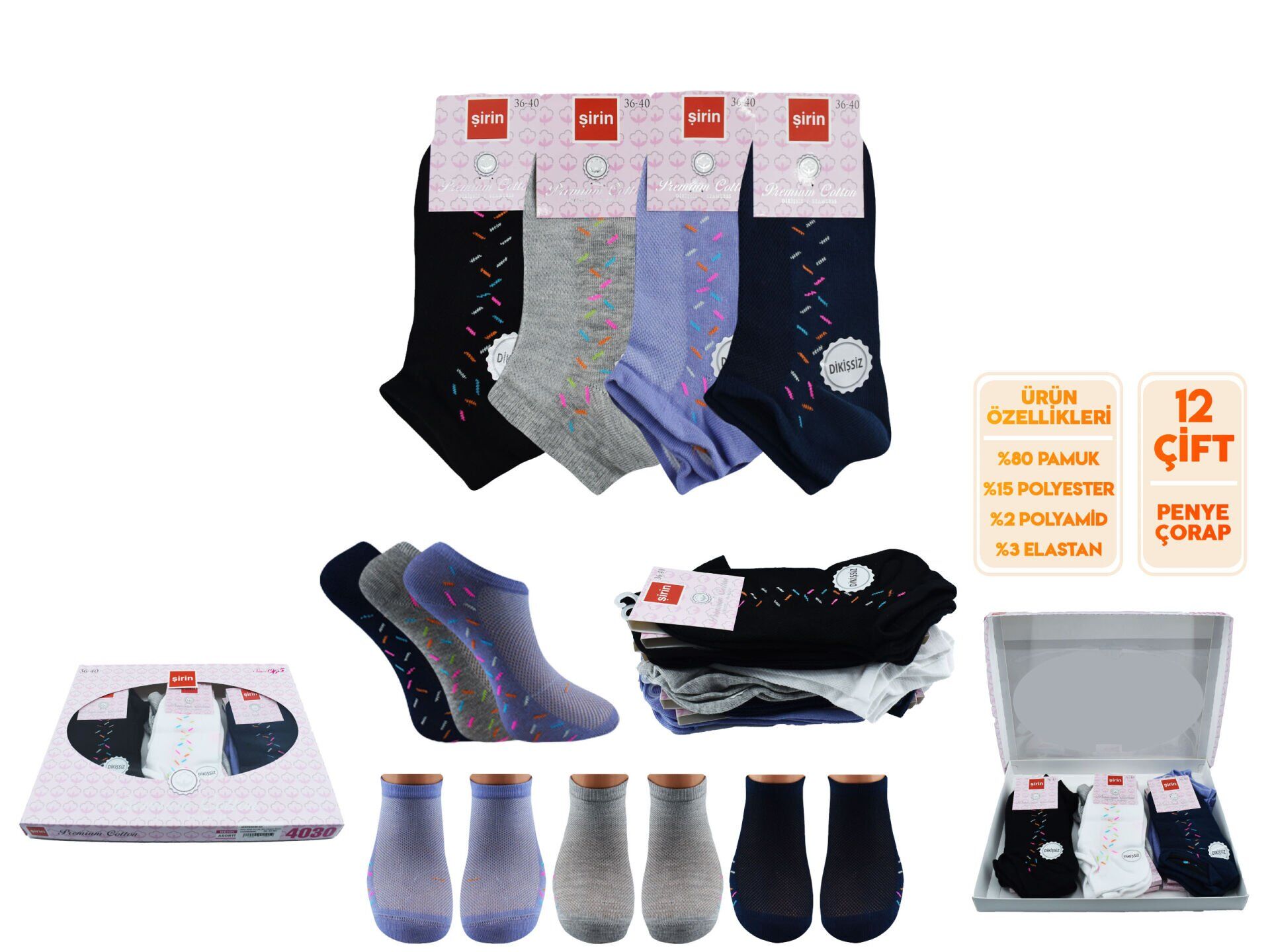 Şirin 4030-53 (36-40) Dikişsiz Bayan Penye Patik Çorap 12'li