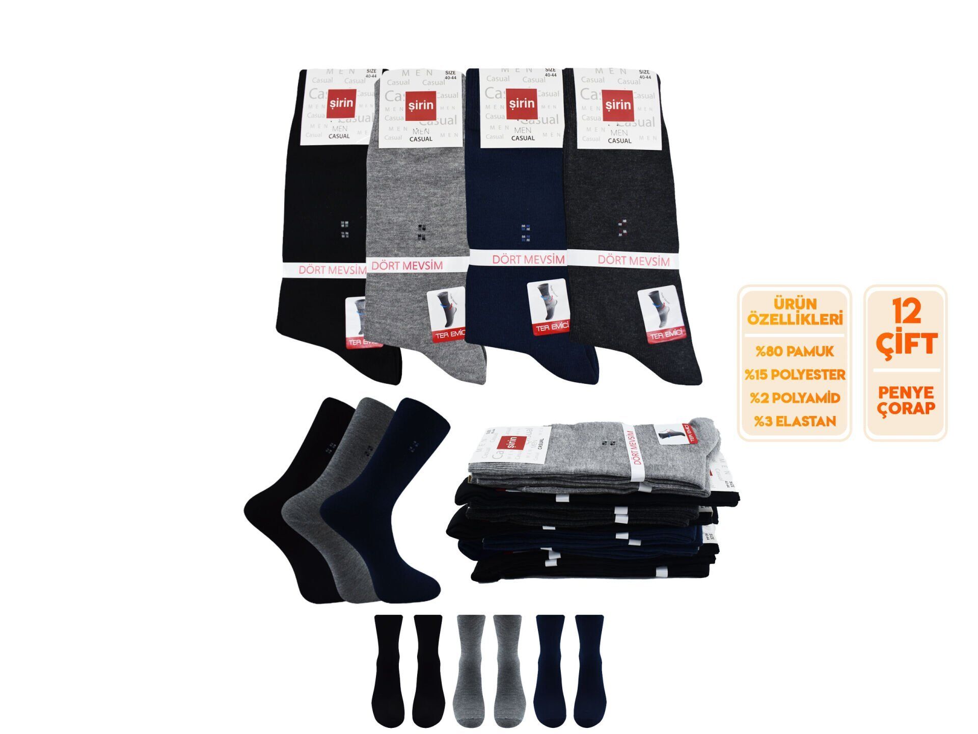 Şirin 7150-56 Dört Mevsim Ter Emici Erkek Penye Soket Çorap 12'li