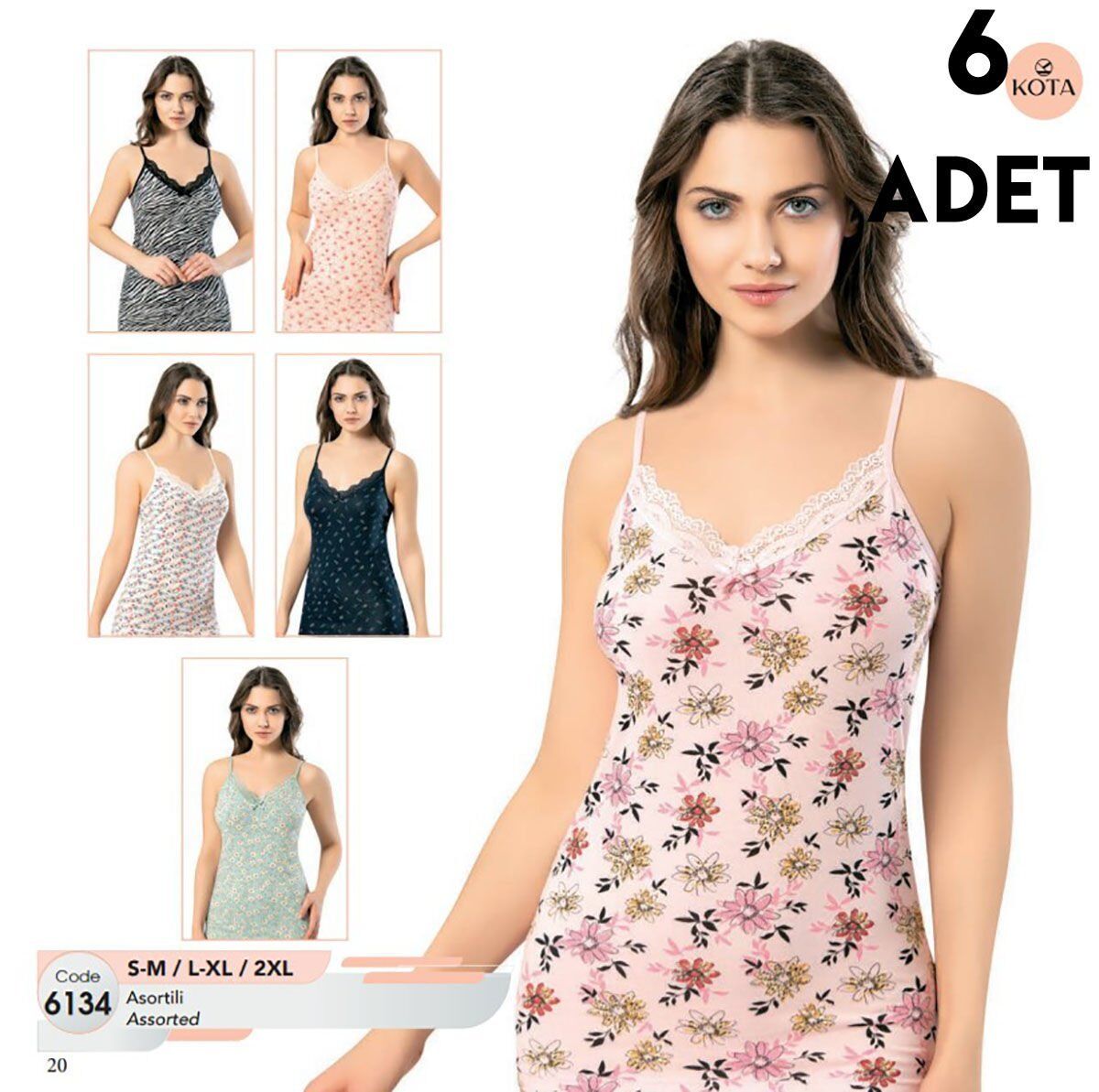 Kota 6134 Baskılı İp Askılı Bayan Atlet 6'lı