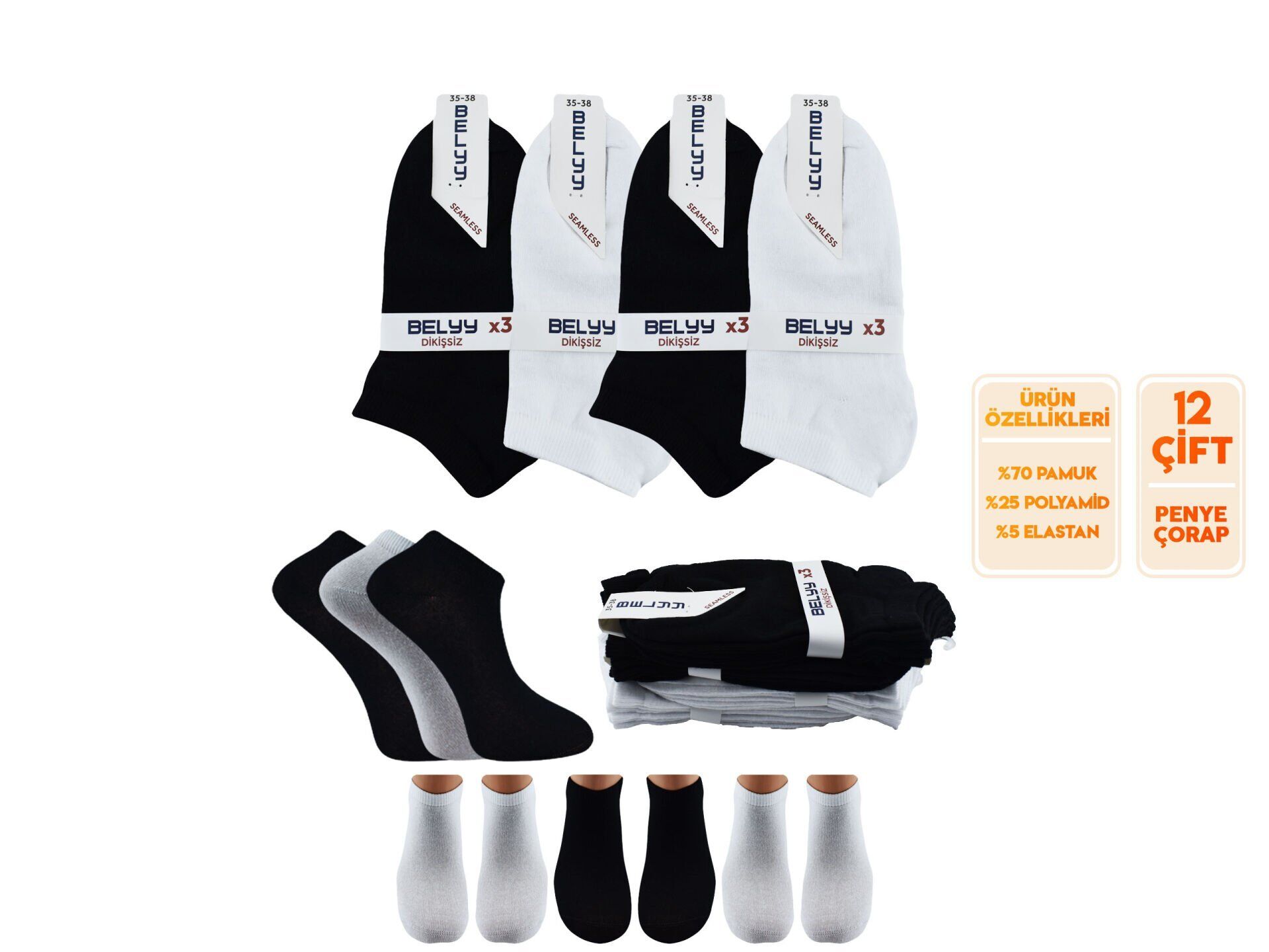 BELYY (35-38) Dikişsiz Unisex Patik Çorap 12'li