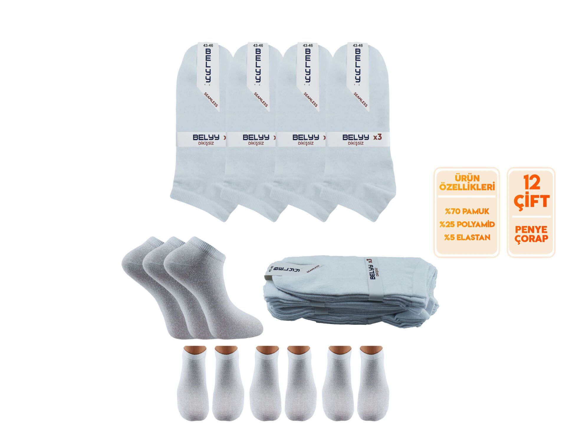 BELYY (43-46) Dikişsiz Erkek Patik Çorap 12'li