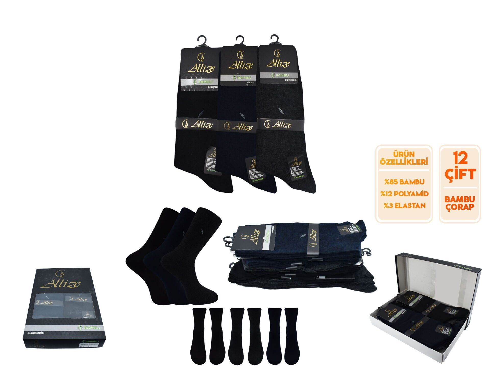 Allize 6820 Yıkamalı Dikişsiz Ter Emici İnce Erkek Bambu Çorap 12'li