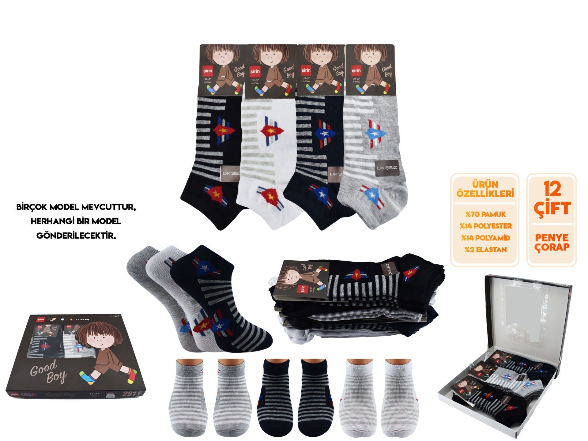 Şirin 290 Dikişsiz Mevsimlik Doğal Pamuk Erkek Çocuk Patik Çorap 12'li