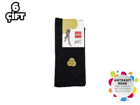 Şirin 5140 Antrasit Yün Akrilik Bayan Diz Üstü Çorap 6'lı