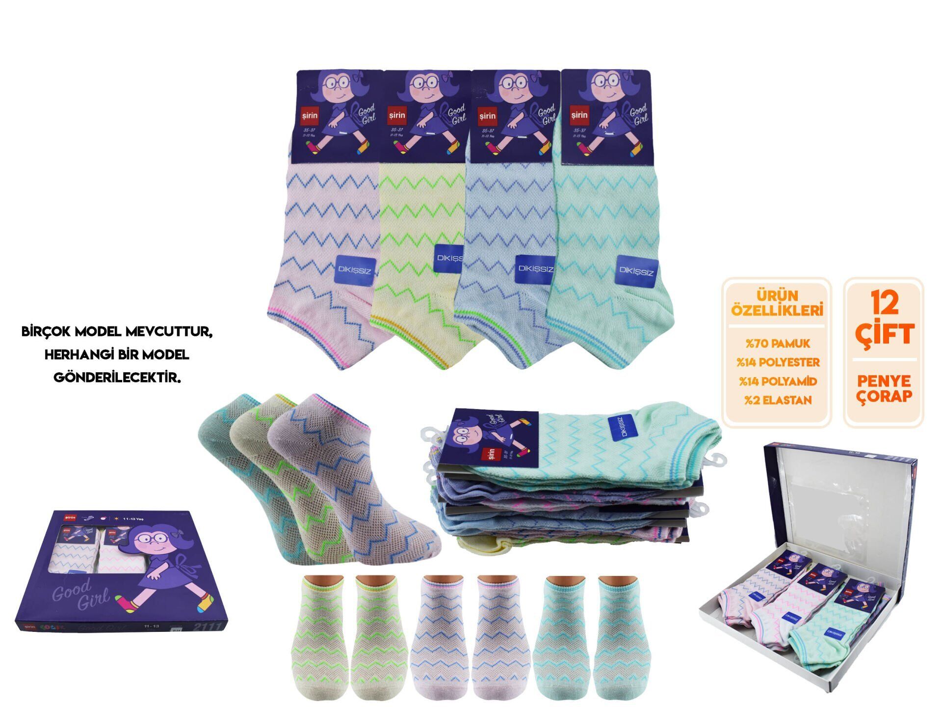 Şirin 210 Dikişsiz Mevsimlik Doğal Pamuk Kız Çocuk Patik Çorap 12'li