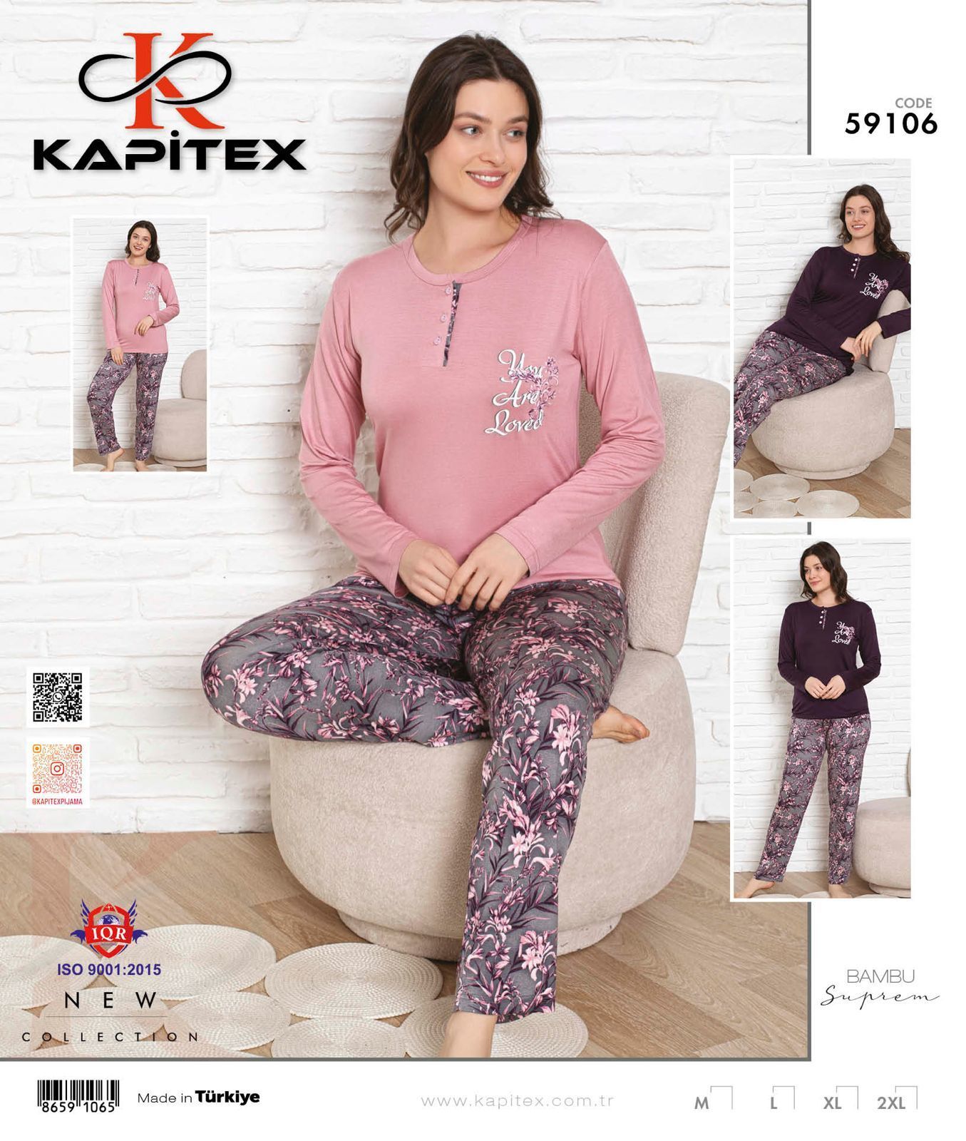 Kapitex 59106 Bambu Ring Viskon Bayan Uzun Kol Pijama Takım 4'lü