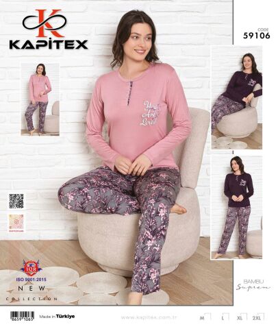 Kapitex 59106 Bambu Ring Viskon Bayan Uzun Kol Pijama Takım 4'lü