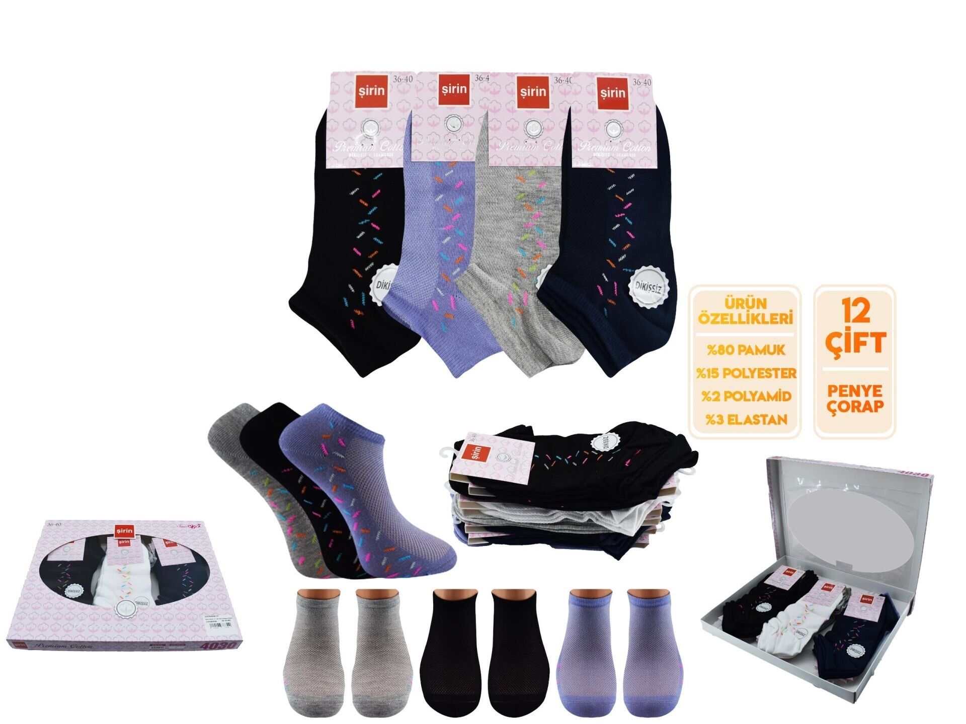 Şirin 4030-37 (36-40) Dikişsiz Bayan Penye Patik Çorap 12'li