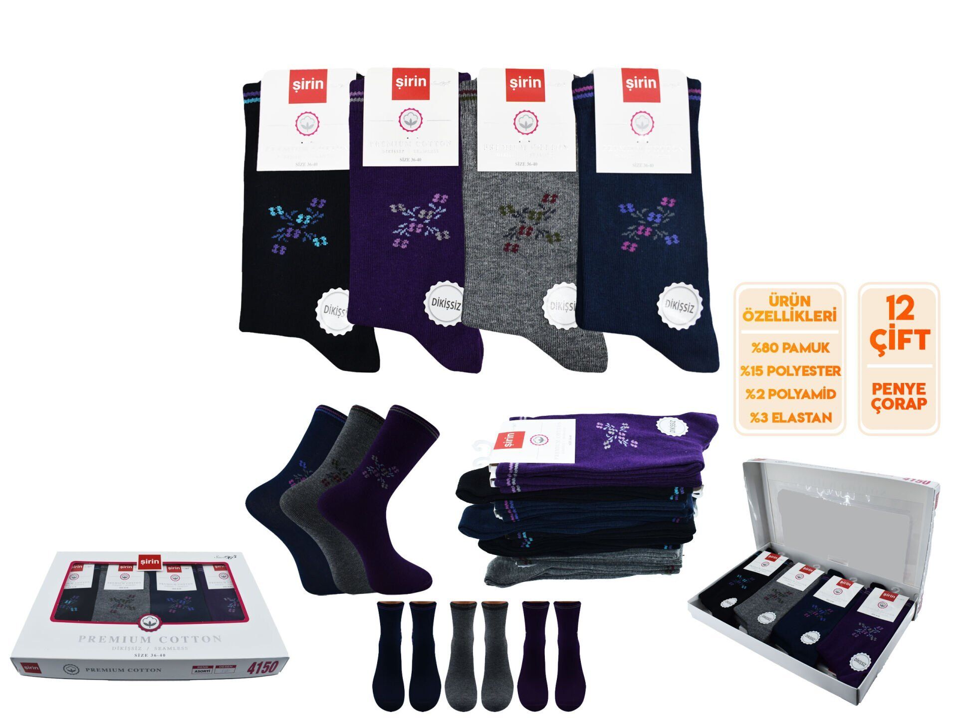 Şirin 4150-102 (36-40) Dikişsiz Bayan Penye Çorap 12'li