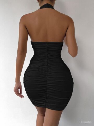 Beleng 7075 Boyundan Askılı Büzgülü Erotik Elbise