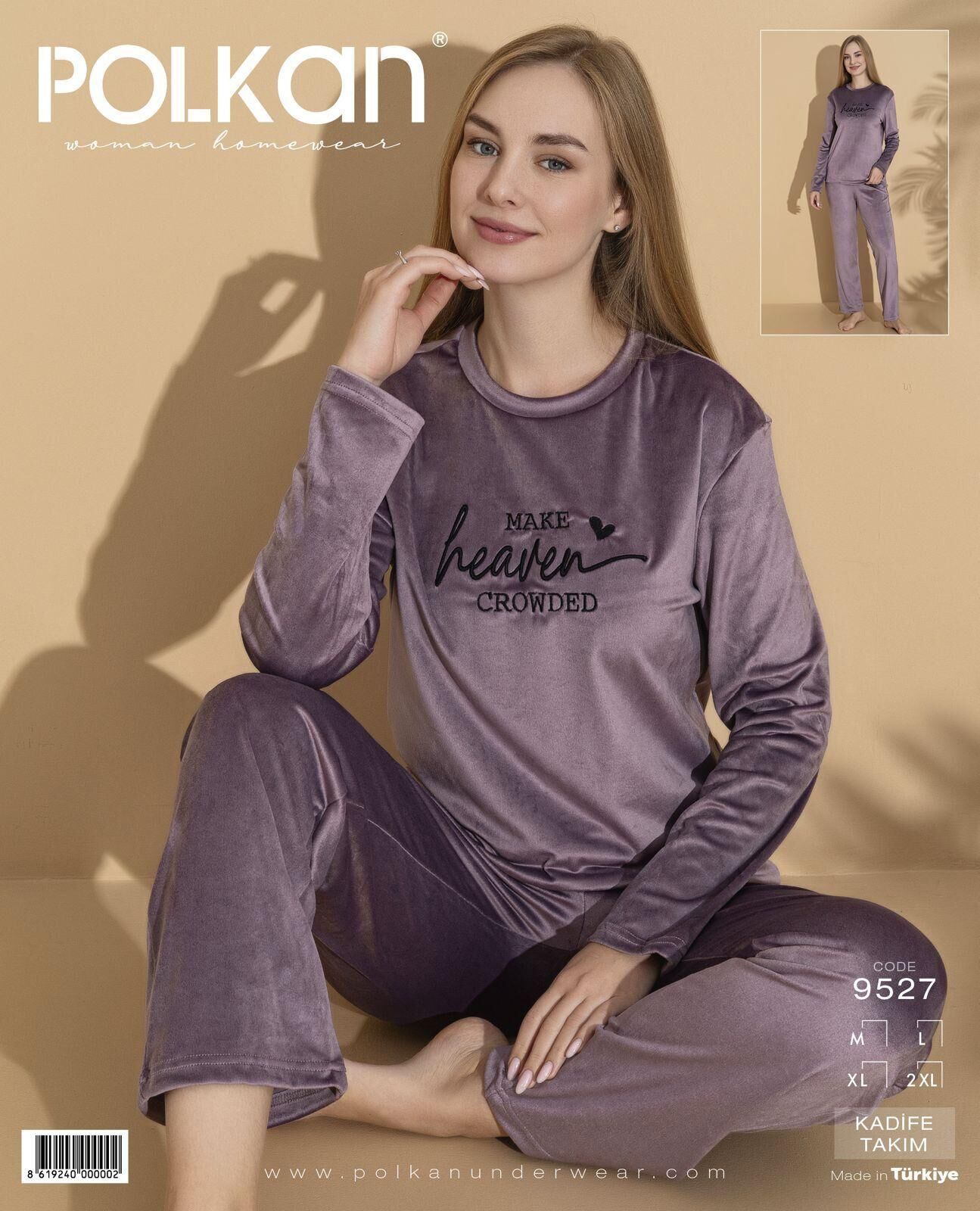 Polkan 9527 (M-L-XL-XXL) Kadife Uzun Kollu Bayan Pijama Takım 4'lü