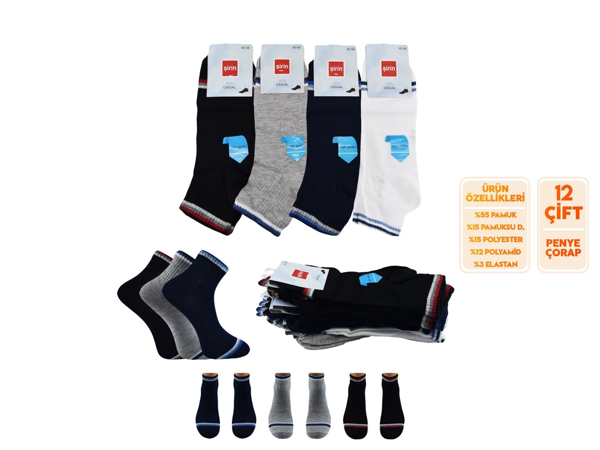 Şirin 7010-20 (40-44) Ter Emici Erkek Penye Patik 12'li