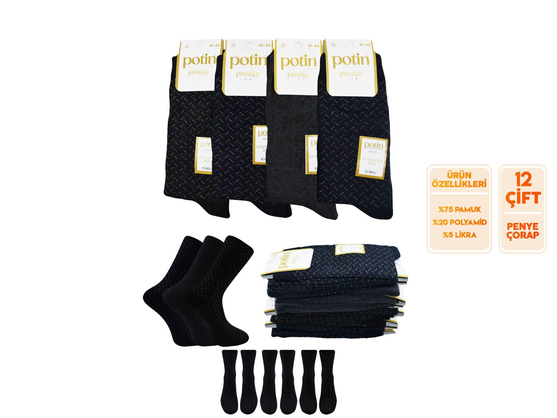 Potin 5-6 (41-44) Erkek Terletmeyen Örgü Penye Likralı Çorap 12'li