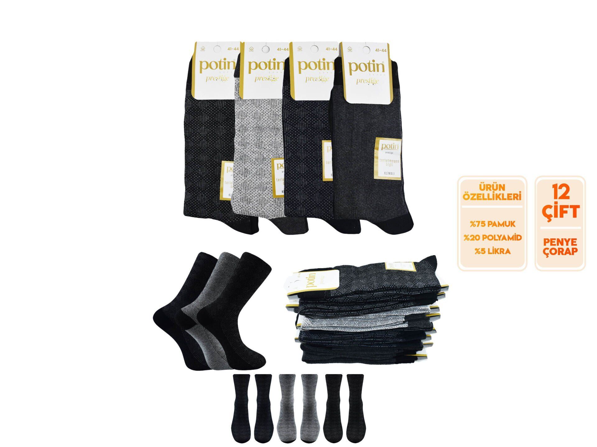 Potin 5-2 (41-44) Erkek Terletmeyen Örgü Penye Likralı Çorap 12'li