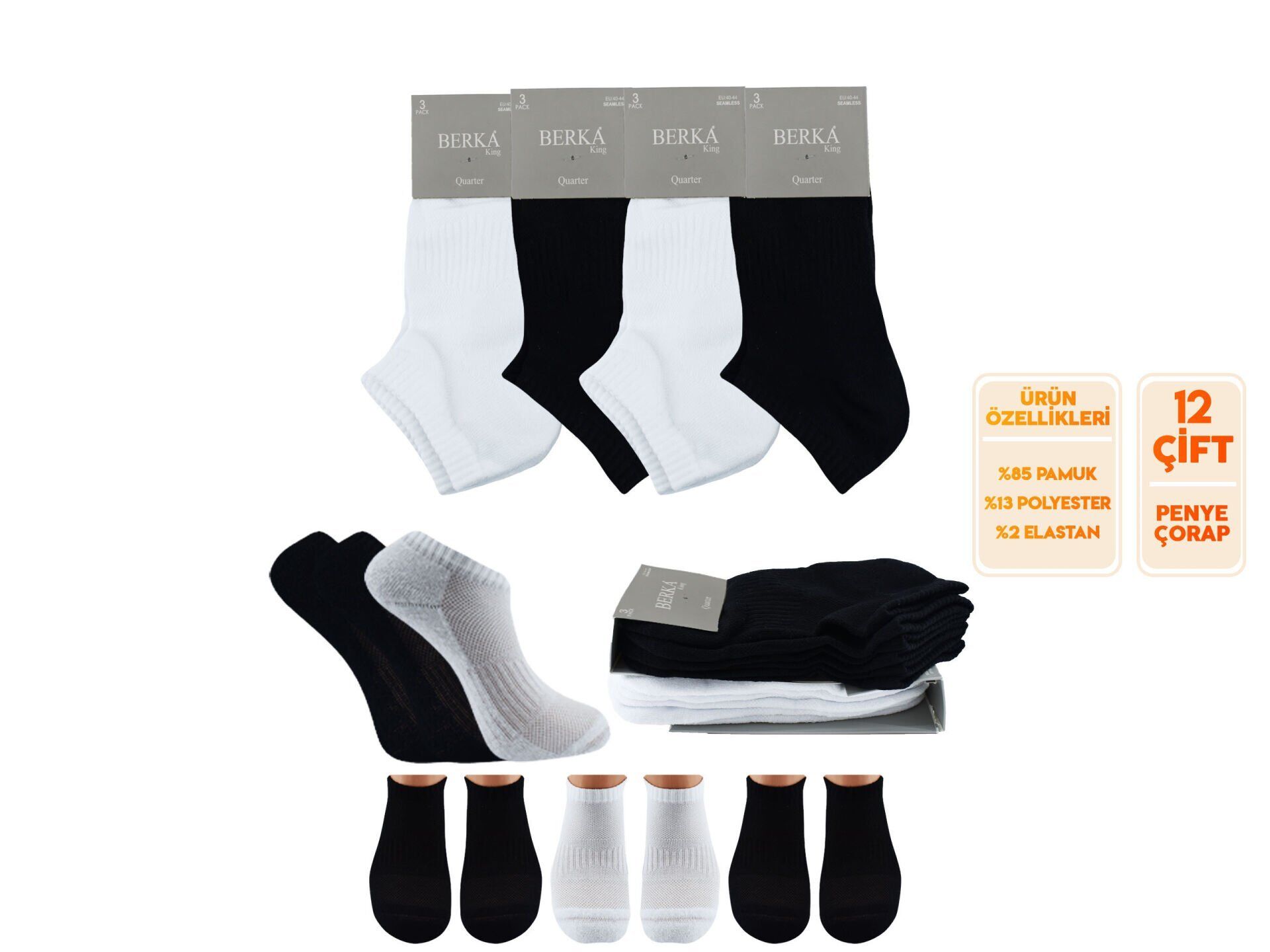 Berka Taban Altı Havlu Dikişsiz Erkek Spor Yarım Konç Patik Çorap 12'li