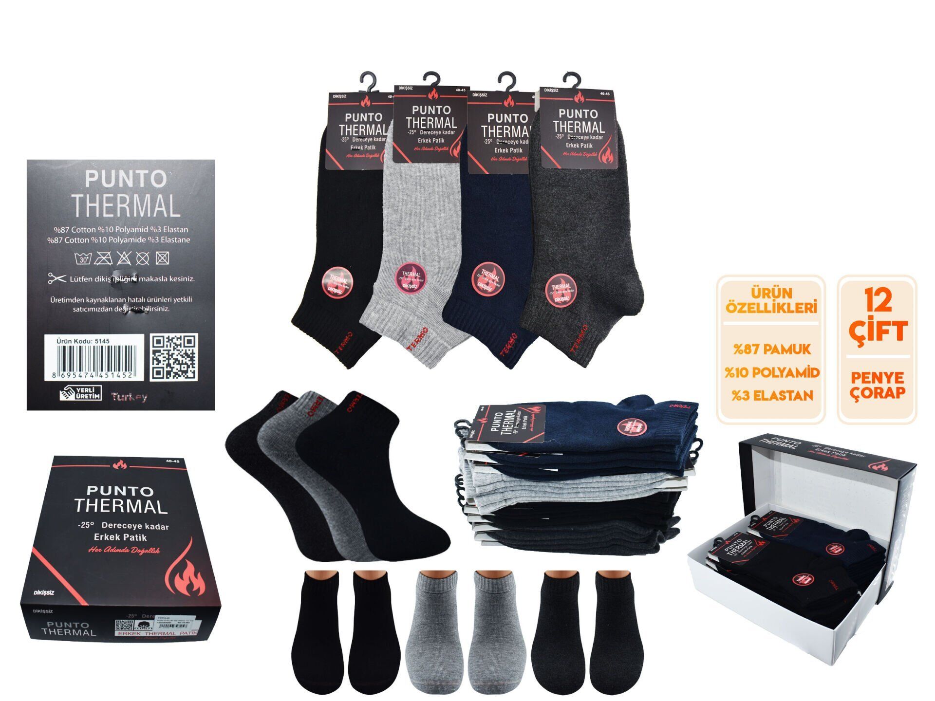 Punto 5145 (40-44) Dikişsiz Ter Emici Erkek Termal Patik 12'li