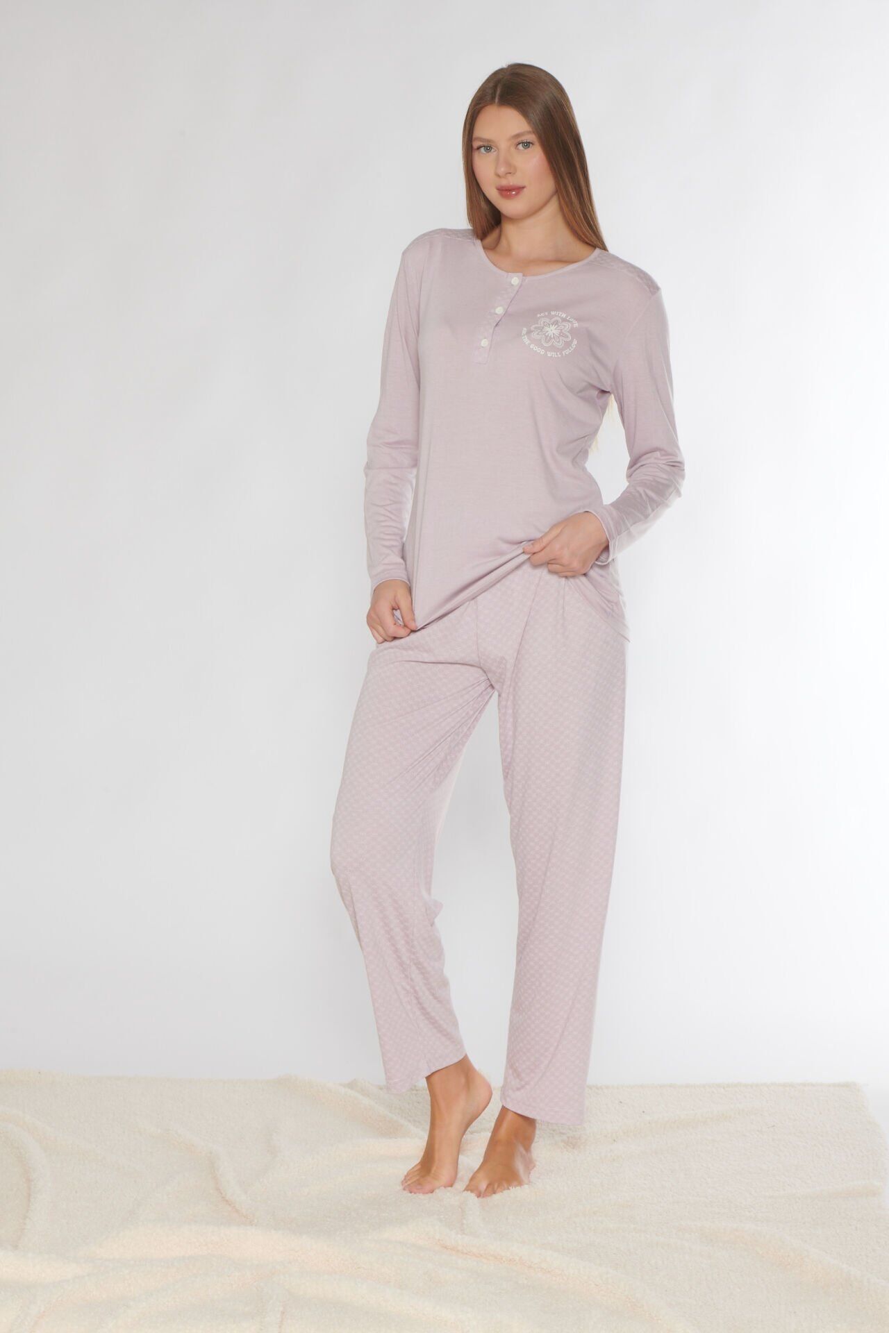 Alperi 790-74 (M-L-XL-XXL) Bayan Uzun Kollu Pijama Takım 4'lü