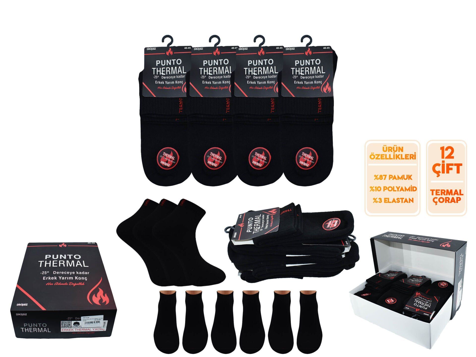 Punto 4126 (40-45) Dikişsiz Ter Emici Erkek Termal Yarım Konç Patik 12'li
