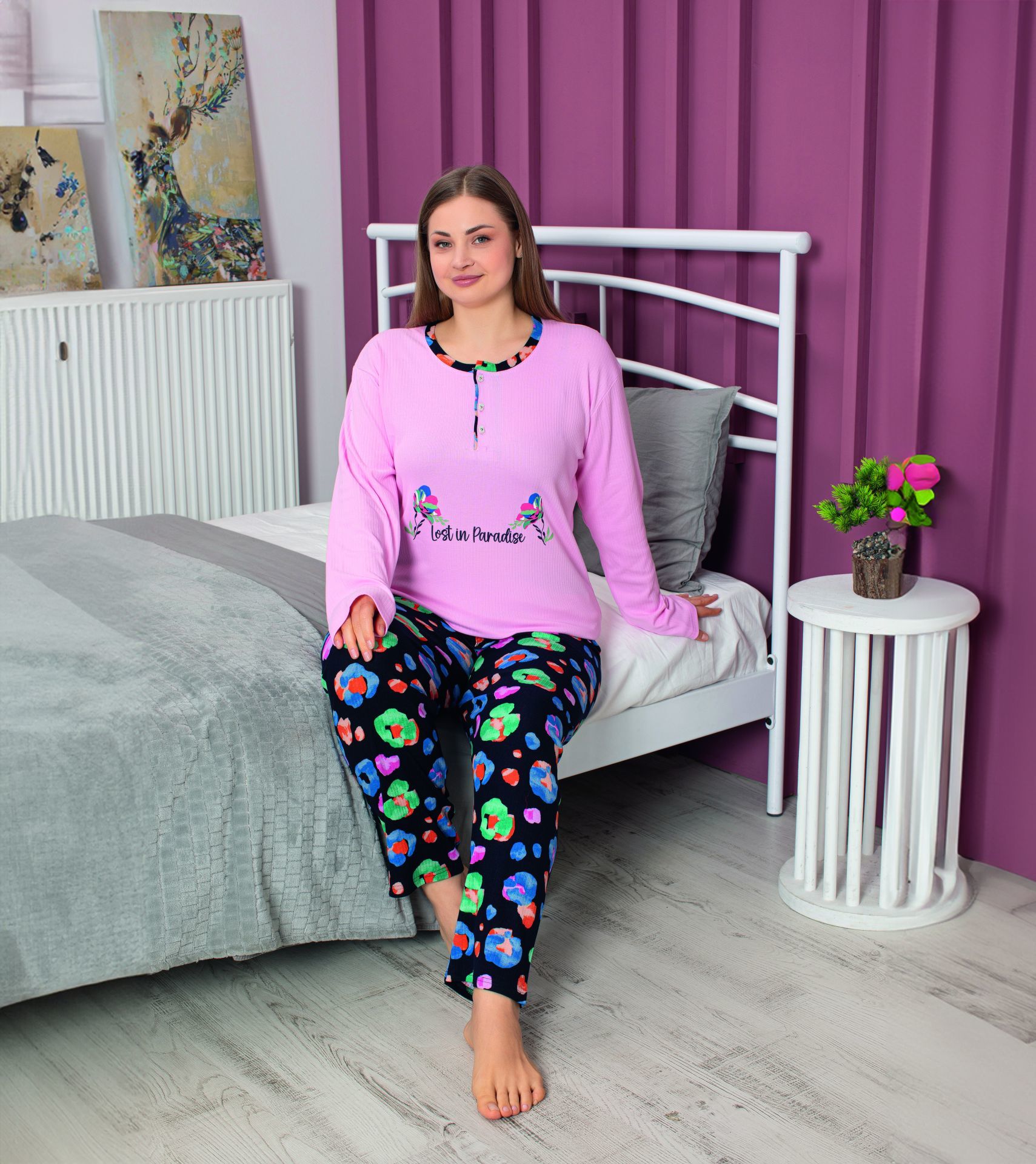 Tekten 5430 Bayan Battal Beden Uzun Kollu Pijama Takım 4'lü