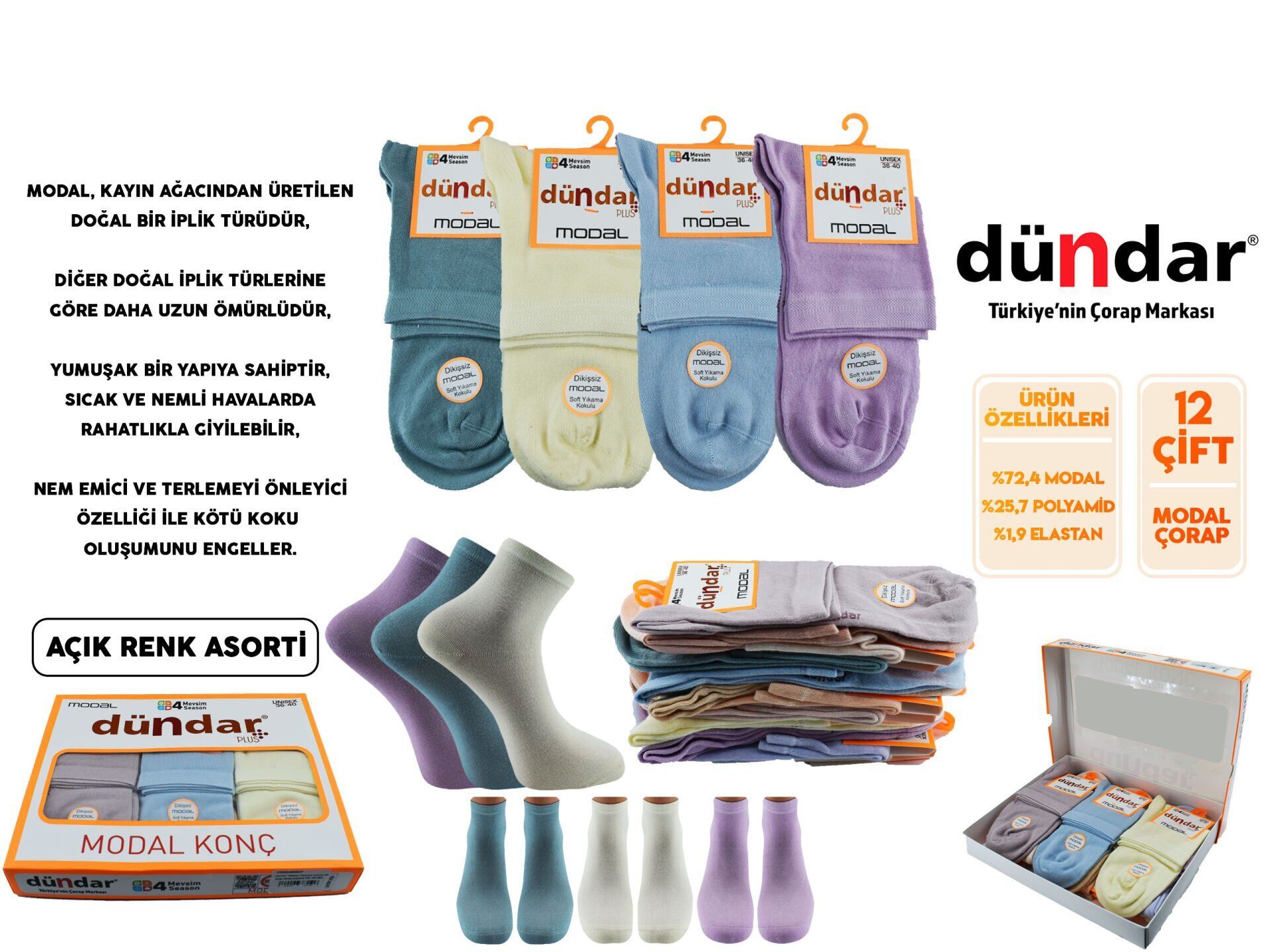 Dündar 6937 (36-40) Dikişsiz Yıkamalı Kokulu Modal Konç Bayan Patik 12'li