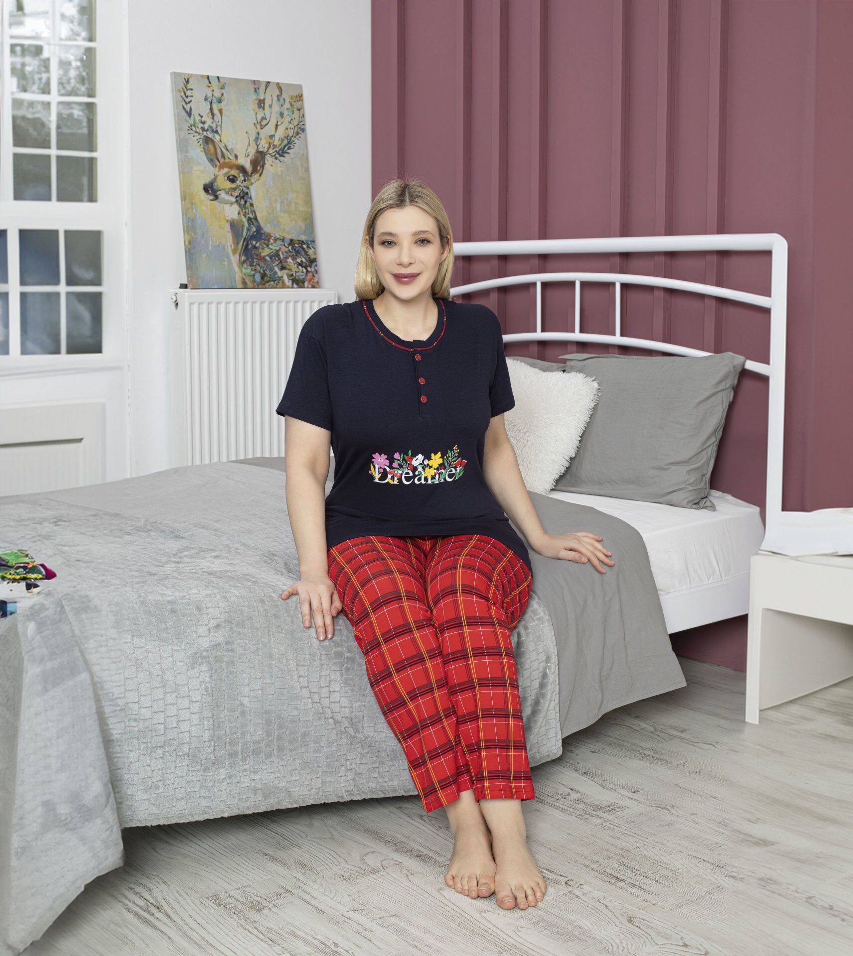 Tekten 5020 Bayan Battal Beden Kısa Kollu Pijama Takım 4'lü