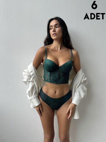 Cansoy 685 Zümrüt Simli Lez Balenli Destekli Bustiyer Takım 6'lı