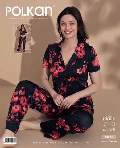 Polkan 19002 Bayan Milan Kısa Kollu Bayan Pijama Takım Paket İçi 4'lü