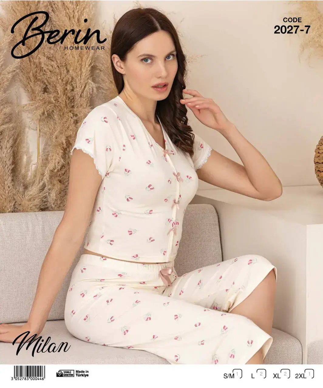 Berin 2027-7 (M-L-XL-XXL) Bayan Krop Kısa Kollu Milan Kapri Pijama Takımı 6'lı