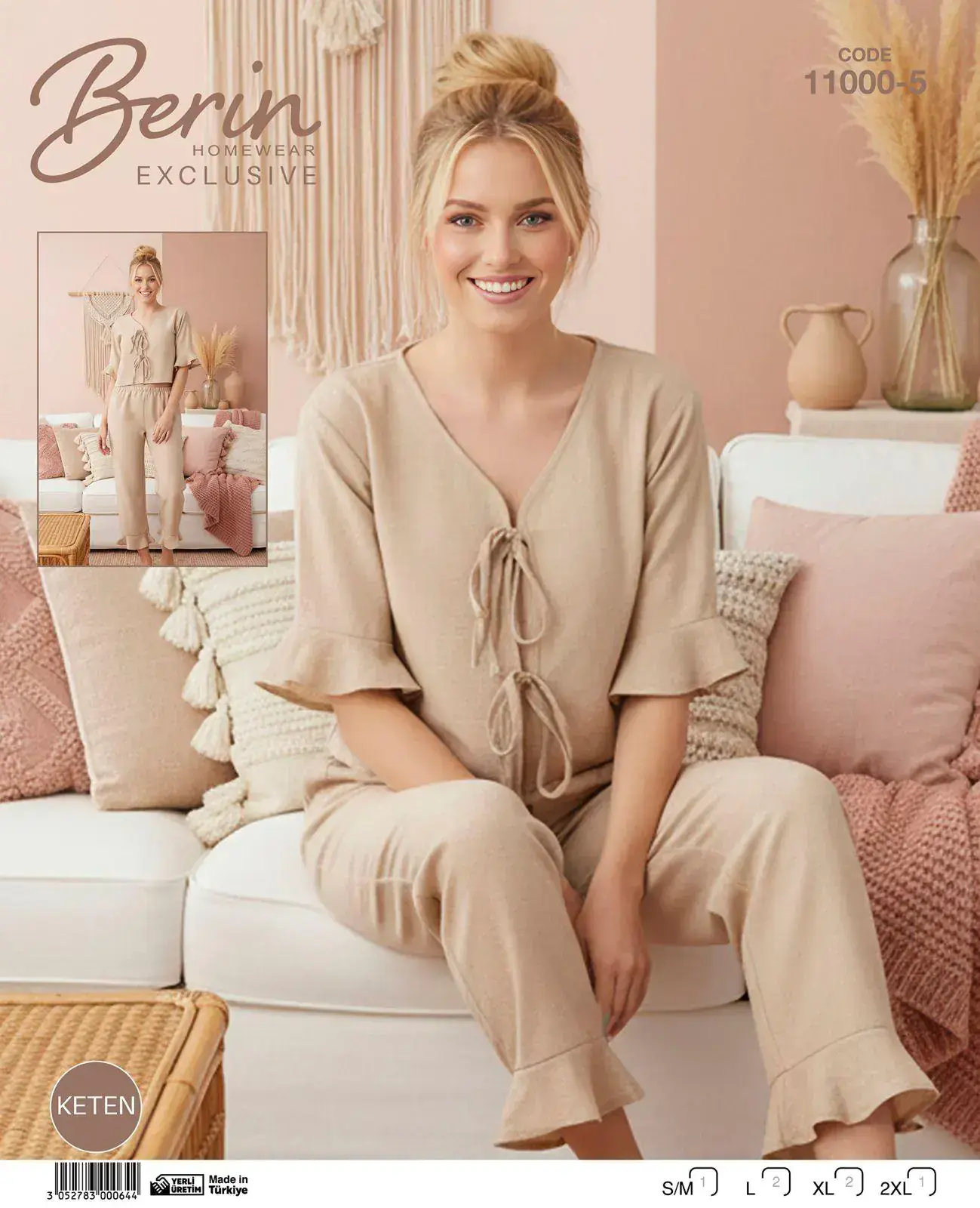 Berin 11000-5 (M-L-XL-XXL) Bayan Kısa Kollu Keten Pijama Takımı 6'lı