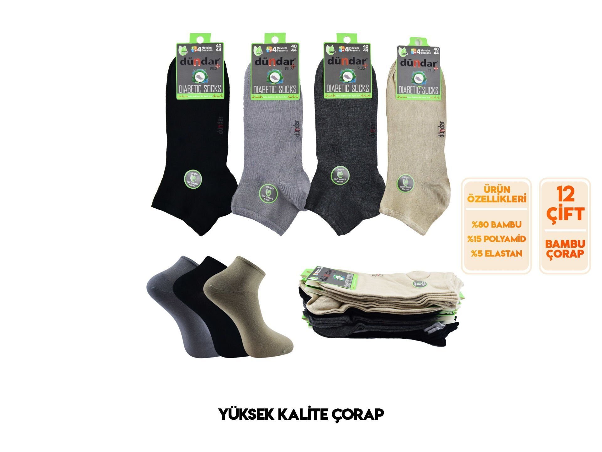 Dündar Dikişsiz Yıkamalı Kokulu Erkek Likralı Bambu Diyabetik Patik 12'li