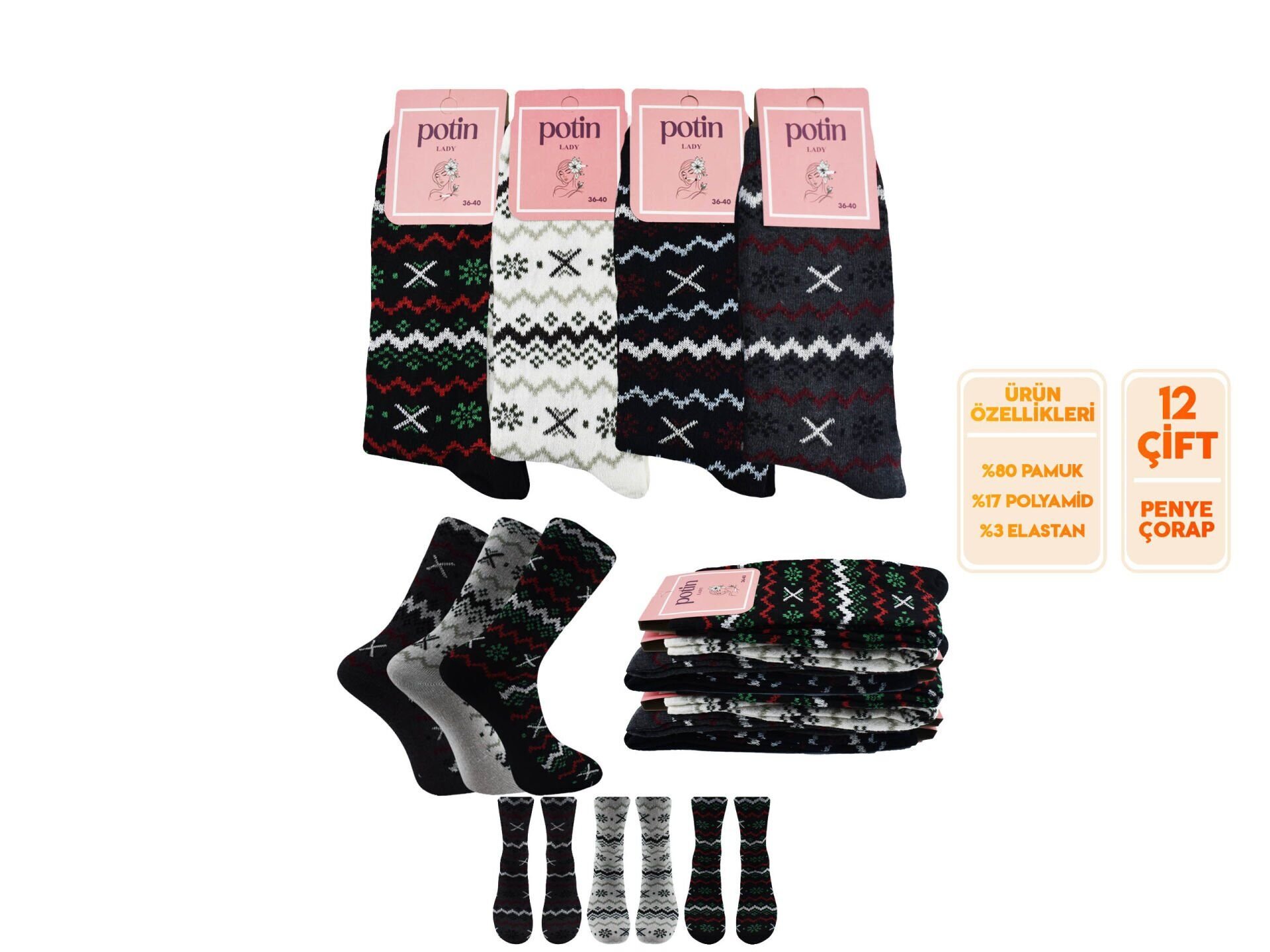 Potin 3-8 Bayan Penye Likralı Çorap 12'li