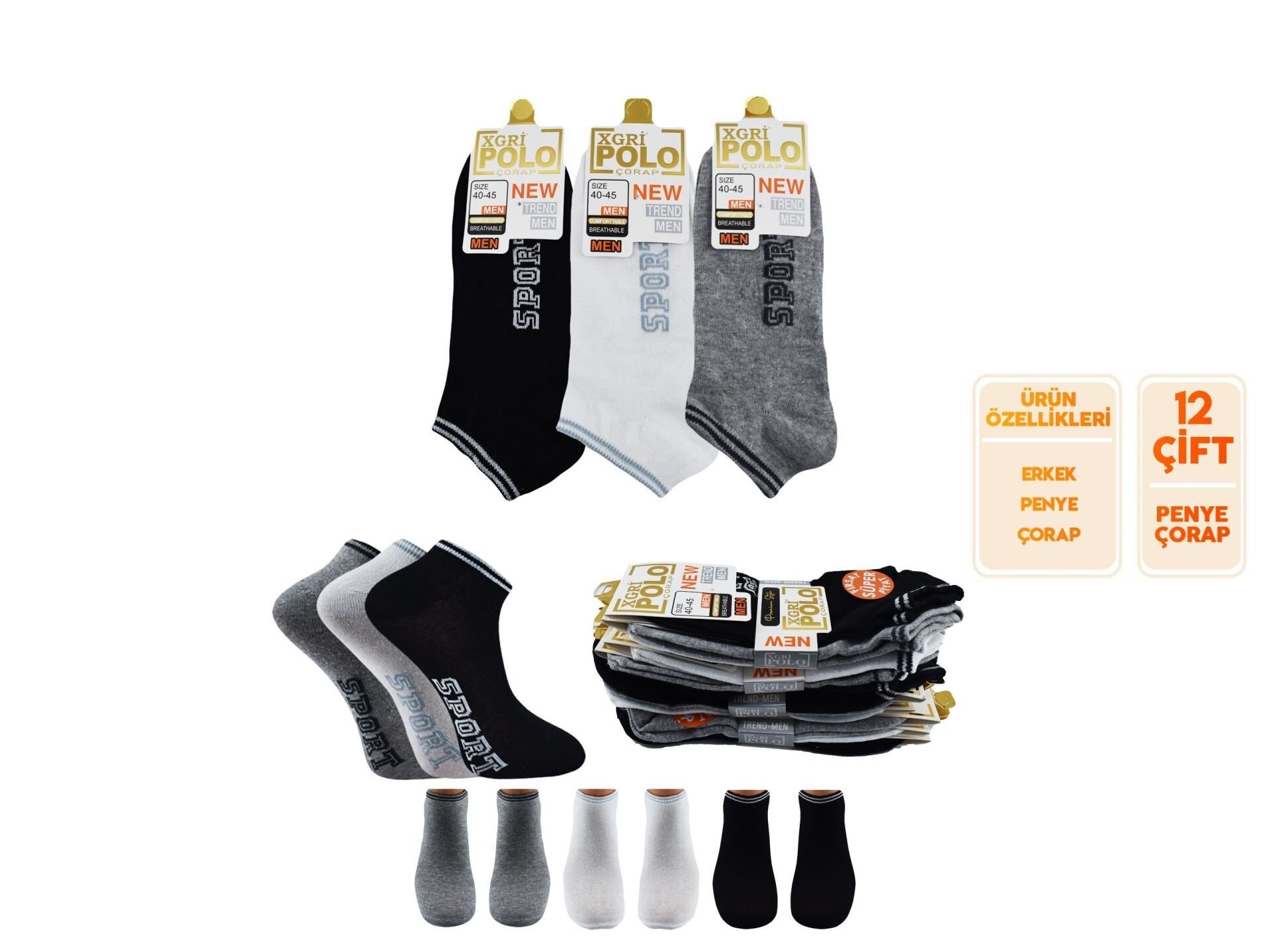 XGRİ POLO (E-E-3-1) Erkek Penye Patik 12'li