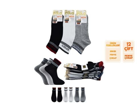 XGRİ POLO (E-E-7-5) Erkek Uzun Konç Patik 12'li