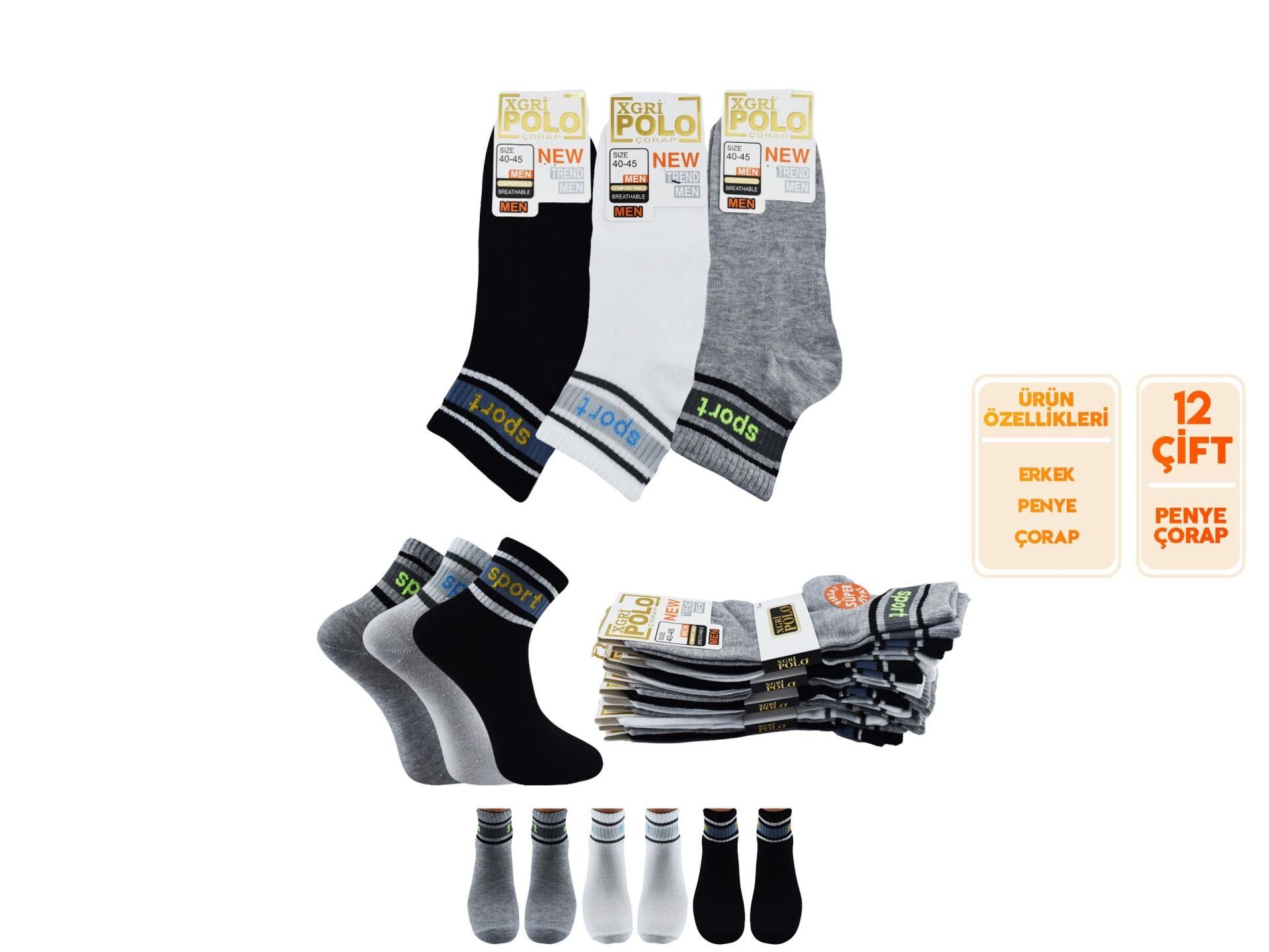 XGRİ POLO (E-E-7-6) Erkek Uzun Konç Patik 12'li