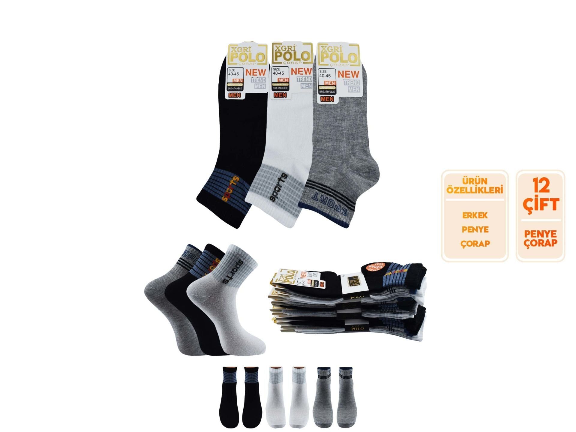 XGRİ POLO (E-E-7-7) Erkek Uzun Konç Patik 12'li