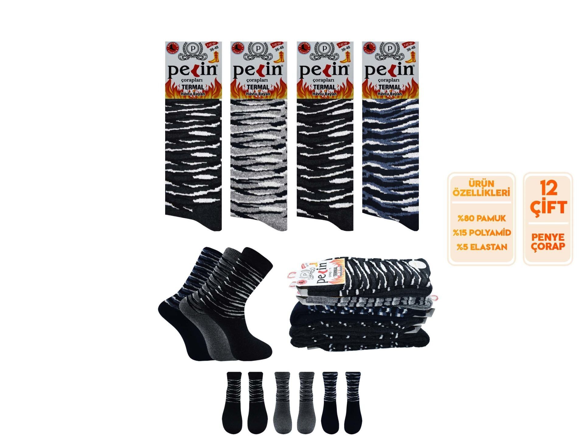 Pelin 10-6 Kışlık Bayan Termal Havlu Çorap 12'li