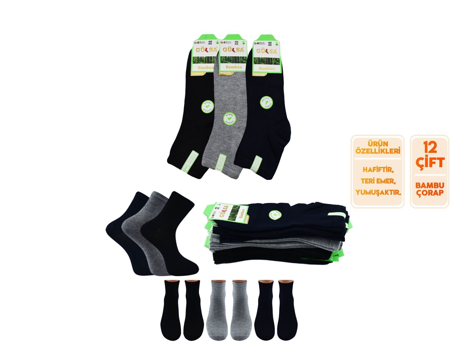 Gülsa (40-45) Dikişsiz Yarım Konç Erkek Bambu Patik Çorap 12'li