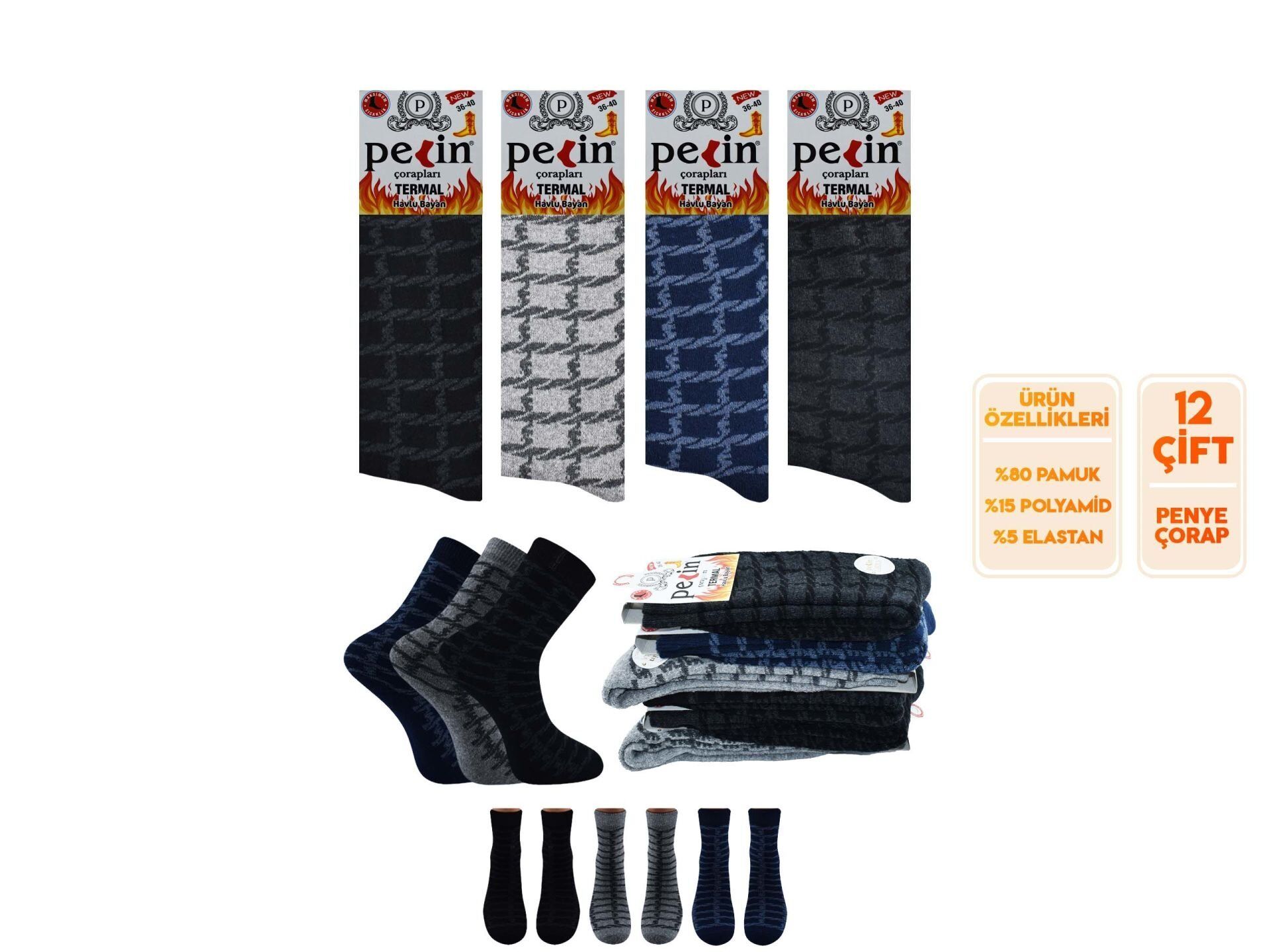 Pelin 10-7 Kışlık Bayan Termal Havlu Çorap 12'li