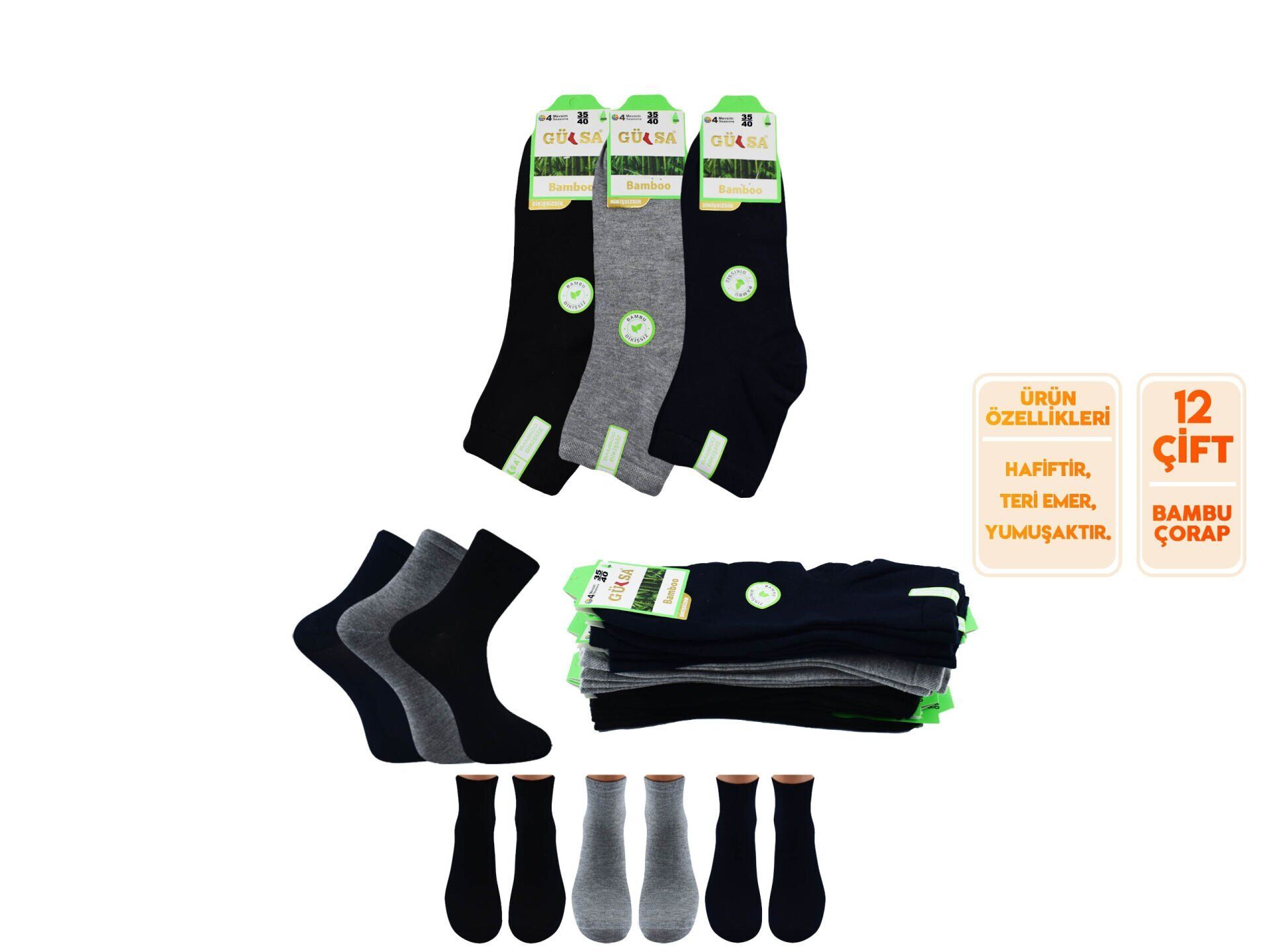 Gülsa (35-40) Dikişsiz Yarım Konç Bayan Bambu Patik Çorap 12'li