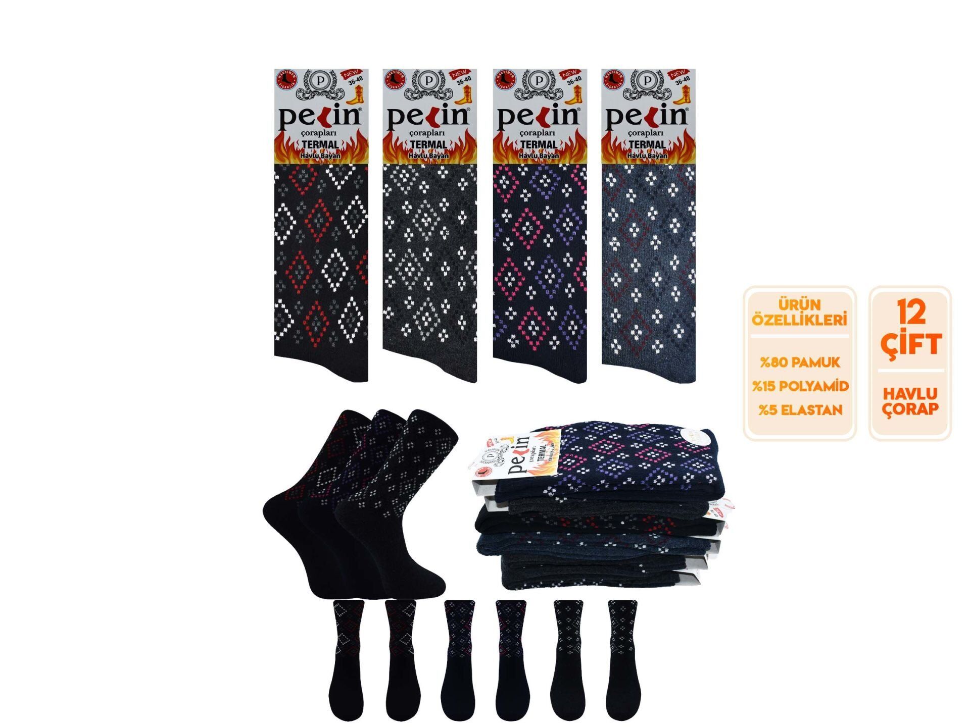 Pelin 10-4 Kışlık Bayan Termal Havlu Çorap 12'li