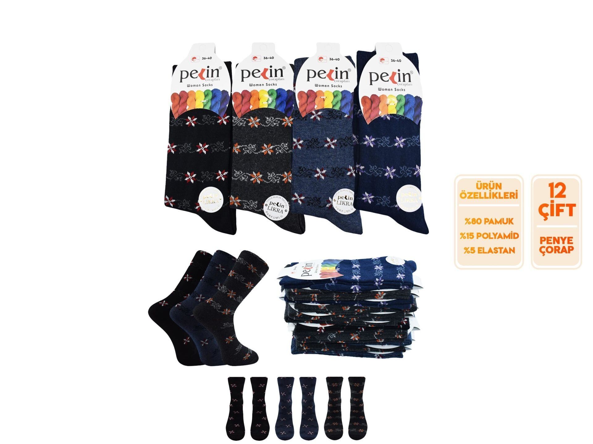 Pelin 9-7 Naturel Pamuk Bayan Soket Çorap 12'li