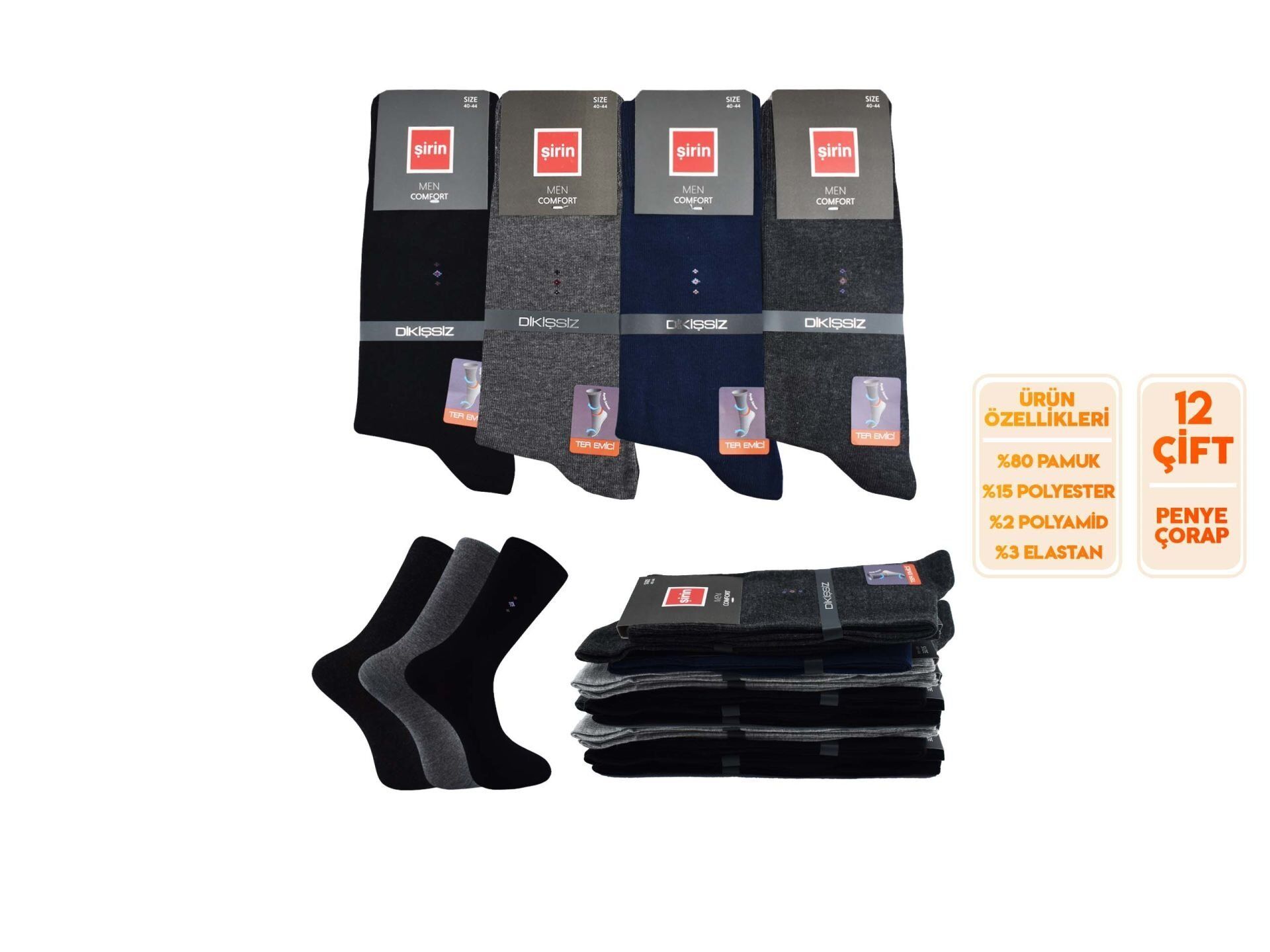 Şirin 7280-9 Ter Emici Dikişsiz Erkek Soket Çorap 12'li