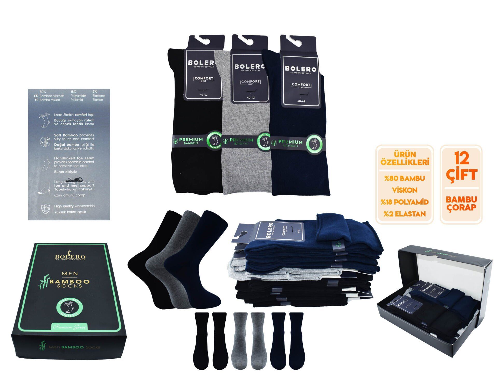 Bolero E-22 (43-46 NO) Rahat Lastik Dikişsiz Bambu Erkek Şeker Çorap 12'li