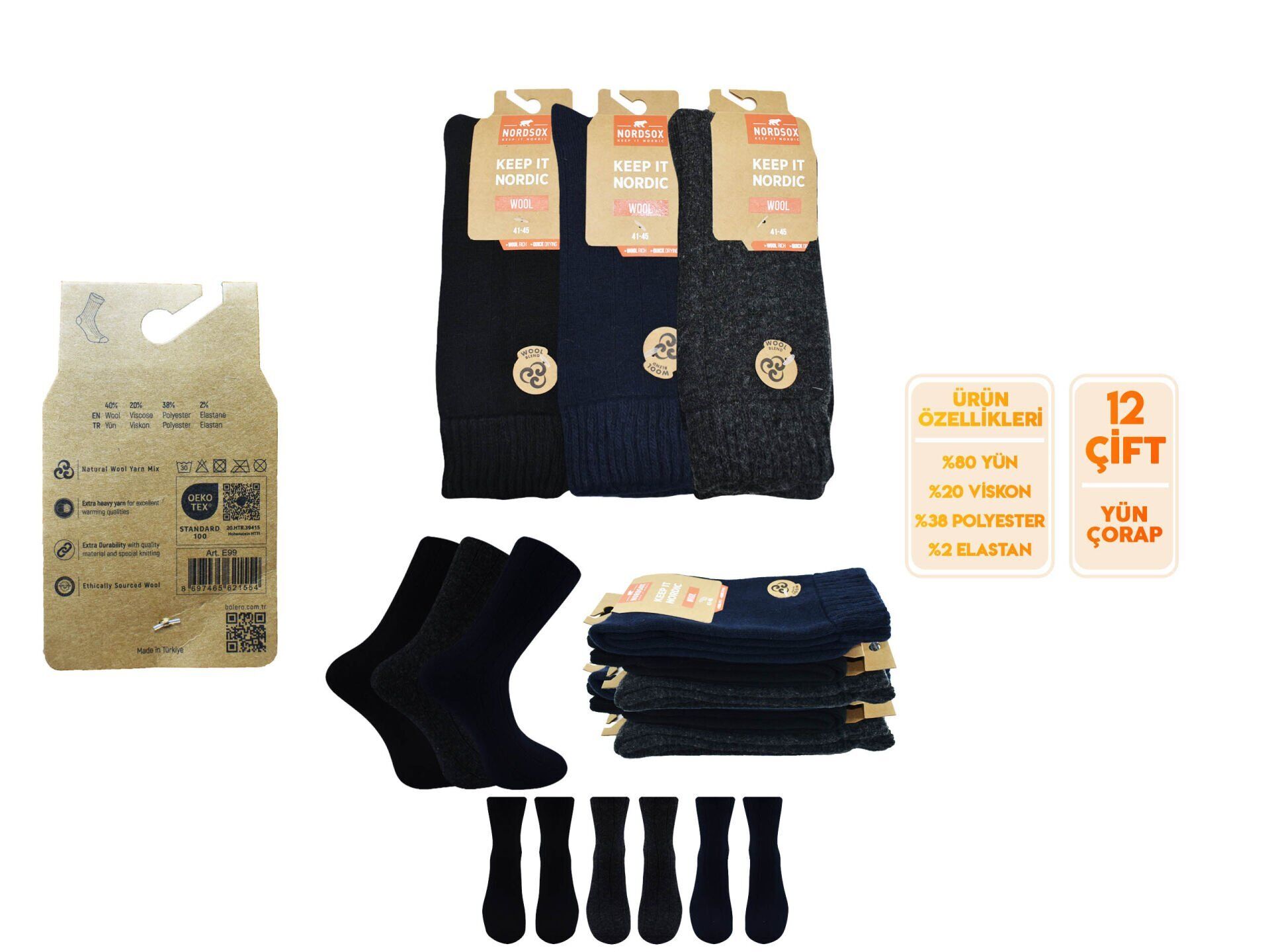Bolero E-99 (41-45 NO) Yün Kışlık Havlu Erkek Çorap 6'lı