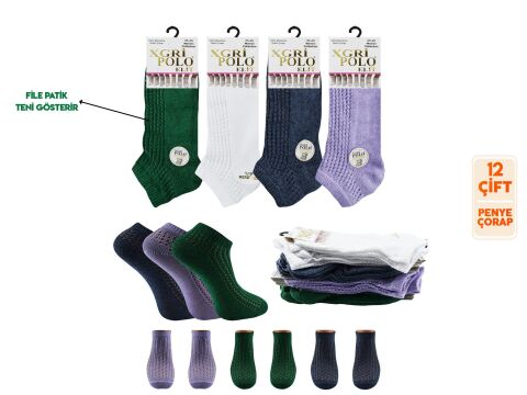 XGRİ POLO B-4 3'lü Bayan Penye File Patik 12'li